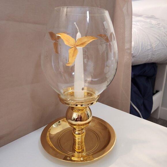 VINTAGE Partylite "Tuscany Lamp" Gold Leaf & Etched Grapes With Gold Pillar Base - Picture 3 of 13